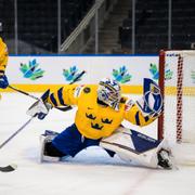 Jesper Wallstedt gör en räddning under en träningsmatch mot Finland i förra veckan.