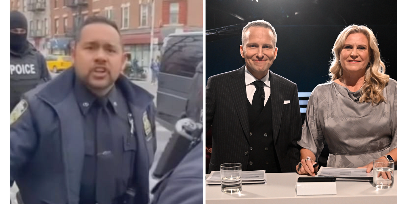 Bild ur det AI-genererade klippet samt Agenda-programledarna Anders Holmberg och Camilla Kvartoft.