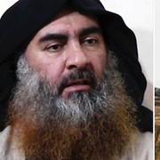 T.v Abu Bakr al-Baghdadi. T.h SDF-styrkor vid en amerikansk konvoj. 