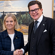 Jimmie Åkesson (SD), Magdalena Andersson (S) och talmannen Andreas Norlén under talmansrundorna.