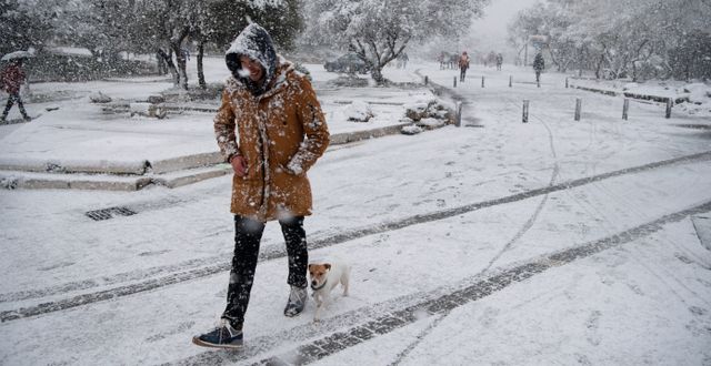 En man går ut med hunden i Aten på måndagen. Michael Varaklas / AP