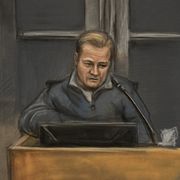 Marius Borg Høiby på en teckning från rättssalen, där kameror inte är tillåtna.