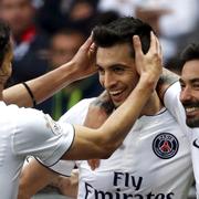 PSG:s Javier Pastore firar mål tillsammans med Edinson Cavani och Ezequiel Lavezzi.