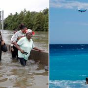 Människor flyr vattenmassorna i Texas, USA. / Flygplan över badstrand, arkivbild.