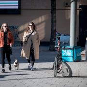 Budväska från budföretaget och den digitala marknadsplatsen Wolt bredvid den cykel vid Medborgarplatsen i Stockholm. 