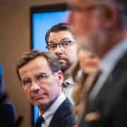 Partiledarna Jimmie Åkesson (SD),  Ulf Kristersson (M),  Ebba Busch (KD) och Johan Pehrson (L) håller en gemensam pressträff i riksdagens presscenter angående regeringsbildningen och presenterar ”Tidöavtalet”.