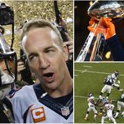 Peyton Manning talar med Cam Newton efter matchen. Von Miller lyfter Lombardi-trofén.