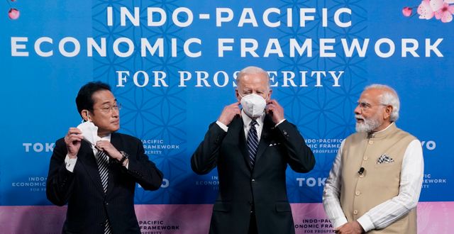 Japans premiärminister Fumio Kishida, USA:s president Joe Biden samt indiens premiärminister Narendra Modi. Evan Vucci / AP