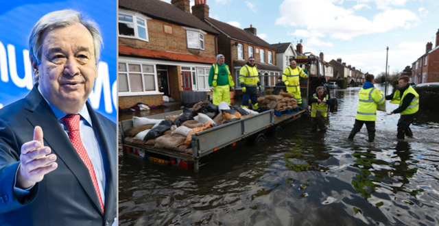 Guterres och bild från översvämning i Storbritannien. TT