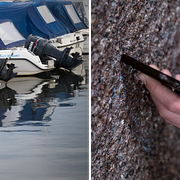 Till vänster: Utombordsmotorer på båtar i en hamn i Hudiksvall, fotograferade i augusti 2023. Till höger: Genrebild på ung man med mobiltelefon. Ingen av bilderna har någon koppling till innehållet i artikeln.