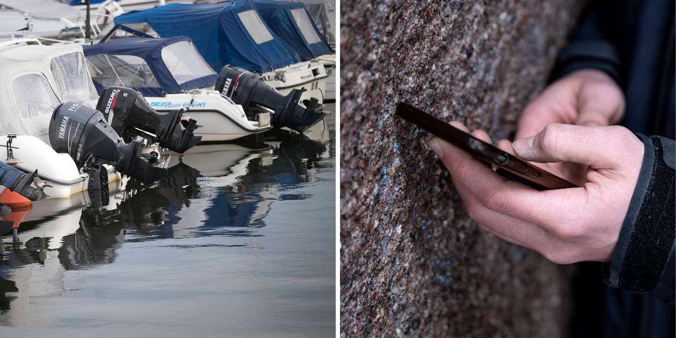 Till vänster: Utombordsmotorer på båtar i en hamn i Hudiksvall, fotograferade i augusti 2023. Till höger: Genrebild på ung man med mobiltelefon. Ingen av bilderna har någon koppling till innehållet i artikeln.