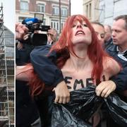 FEMEN- aktivister satte upp en banderoll på en kyrka.