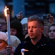 Peter Magyar, ledare för Ungerns största oppositionsparti, under en demonstration i december. 