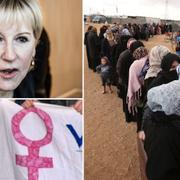 Margot Wallström. Kvinnor tar emot nödhjälp i krigets Syrien.