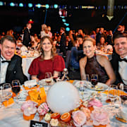 Längdskidåkaren Mathias Fredriksson samt skidskyttarna Mona Brorsson, Helena Ekholm och David Ekholm under Idrottsgalan på Avicii arena i Stockholm den 21 januari 2026. 