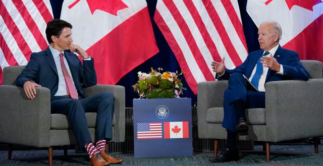 Kanadas premiärminister Justin Trudeau och USA:s president Joe Biden. Evan Vucci / AP