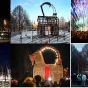 Arkivbilder: Gävlebocken genom åren. Överst tv 2001, överst mitten 2009, nederst tv 2013, nederst mitten 2014. Ovan och nedan till höger: årets julbock.