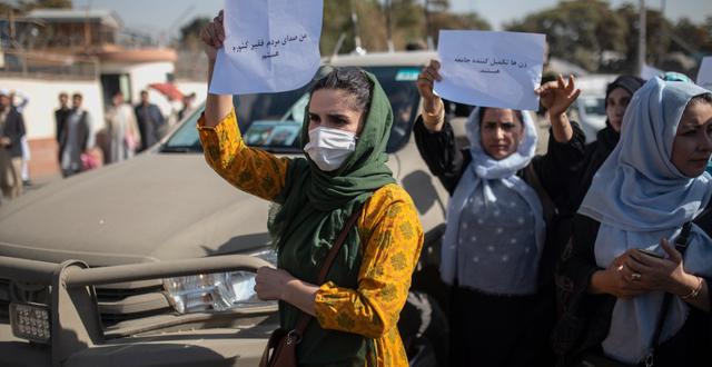 En kvinna protesterar mot talibanregimen.  Ahmad Halabisaz / TT NYHETSBYRÅN