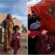 Arkivbilder (2016): En kvinna och barn, sahrawier i Västsahara. Höger: Marockaner protesterar mot Ban Ki-Moon i Rabat.