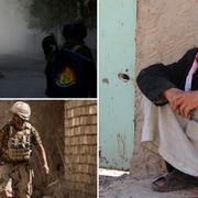 Till vänster: Stridande i Tal Afar. Till höger: En irakisk man som flytt från Tal Afar sitter utanför ett läger i Badush, 15 mil söder om staden. 