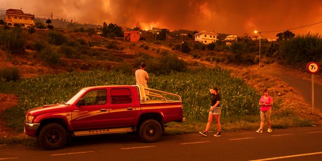 Öbor följer brandutvecklingen på Teneriffa. Arturo Rodriguez / AP