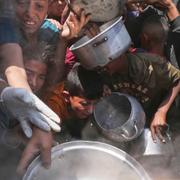 Palestinska barn slåss för att komma fram när mat delas ut i norra Gaza. 