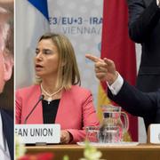 Till vänster: Donald Trump i samband med att han återinförde sanktionerna mot Iran på tisdagskvällen. Till höger: EU:s Federica Mogherini och Irans utrikesminister Javad Zarif i samband med att avtalet förhandlades fram år 2015