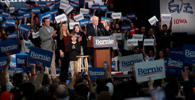 Democratic presidential candidate Sen. Bernie Sanders, I-Vt., accompanied by his family, speaks to supporters at a caucus night campaign rally in Des Moines, Iowa, Monday, Feb. 3, 2020 Pablo Martinez Monsivais / AP