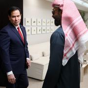 U.S. Secretary of State Marco Rubio, center, interacts with United Arab Emirates Foreign Minister Abdullah bin Zayed Al Nahyan and UAE National Security Advisor Sheikh Tahnoon bin Zayed Al Nahyan at ADNEC Centre Abu Dhabi, Feb. 19, 2025.