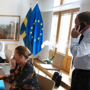Nederländernas Mark Rutte, Österrikes Sebastian Kurz, Finlands Sanna Marin, Danmarks Mette Frederiksen och Stefan Löfven på söndagen