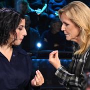 Liberalernas partiledare Simona Mohamssonoch Centerpartiets partiledare Elisabeth Thand Ringqvist)i studion under TV4:s stora partiledardebatt.