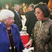 USA:s finansminister Janet Yellen och Indonesiens finansminister Sri Mulyani Indrawati under lanseringen av pandemifonden.