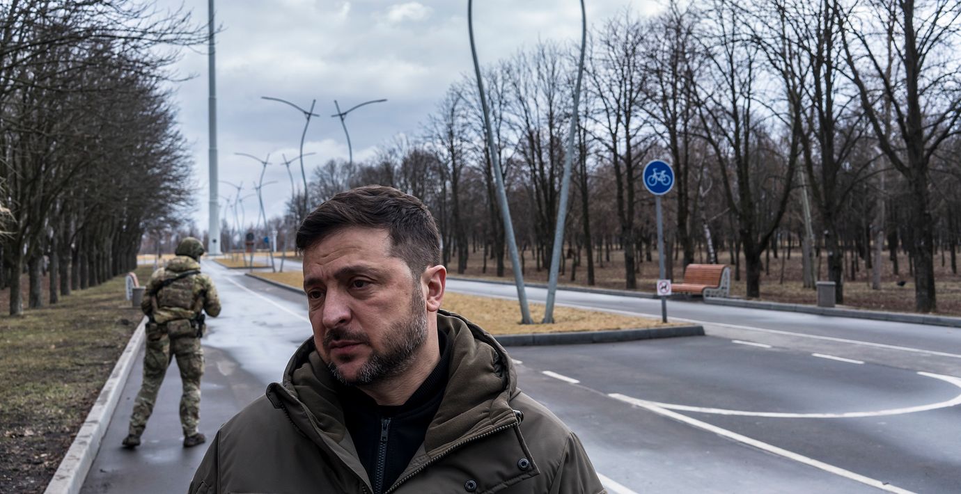 Ukraine’s President Volodymyr Zelensky at a park in the eastern Ukrainian city of Kramatorsk. Zelensky, now leading Ukraine into its fifth year at war, visited frontline troops trying to stave off Russia’s attacks. 