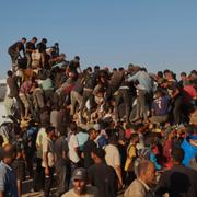 Palestinier hoppar på en lastbil för att få tag på mat. 