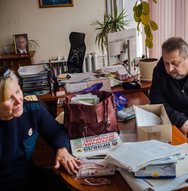Maryna Ivanovka and Vitaliy Volovik, another administrator who refused to work under the Russians, at Kherson Maritime College. Wojciech Grzedzinski / For The Washington Post