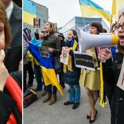 Catherine Ashton och demonstranter utanför EU i Bryssel.