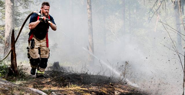 En brandman släcker en markbrand i Stortorp i södra Stockholm Tomas Oneborg/SvD/TT