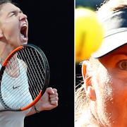 Simona Halep och Maria Sjarapova under matchen i dag.